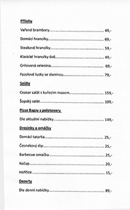 Jídelní lístek restaurace ve Sportovně kulturním centru Dolní Třebonín, strana 2