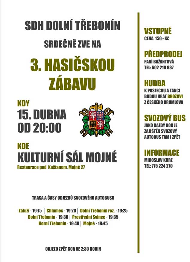 3. hasičská zábava SDH Dolní&nbsp;Třebonín 14. 4. 2022