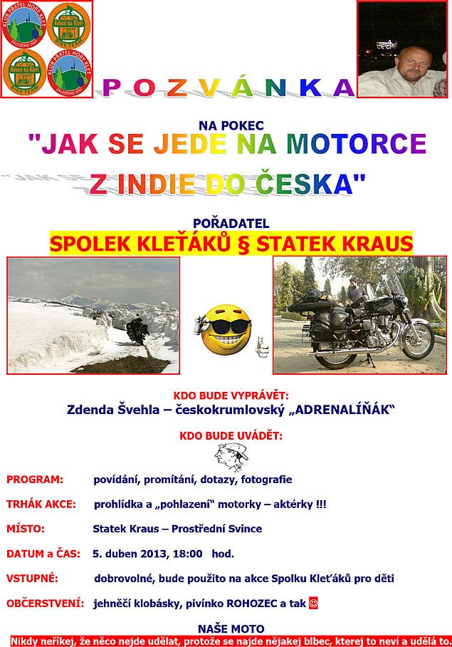 Beseda „Jak se jede na motorce z&nbsp;Indie do Čech“ - Zdeněk Šehla a&nbsp;Zdeněk Přívratský, Statek Kraus 5.4.2013